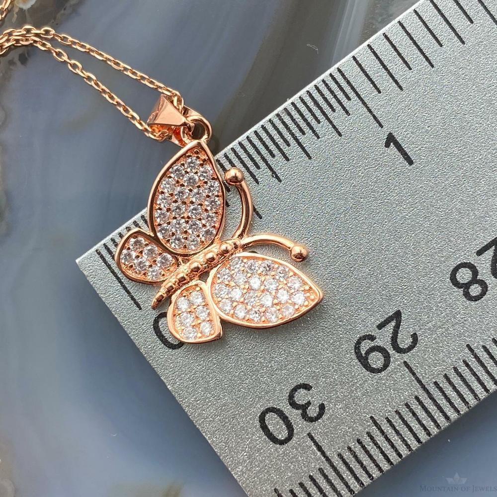 Sterling Silver Rose Coated with Cubic Zirconia Butterfly Pendant with Chain - Picture 8 of 9